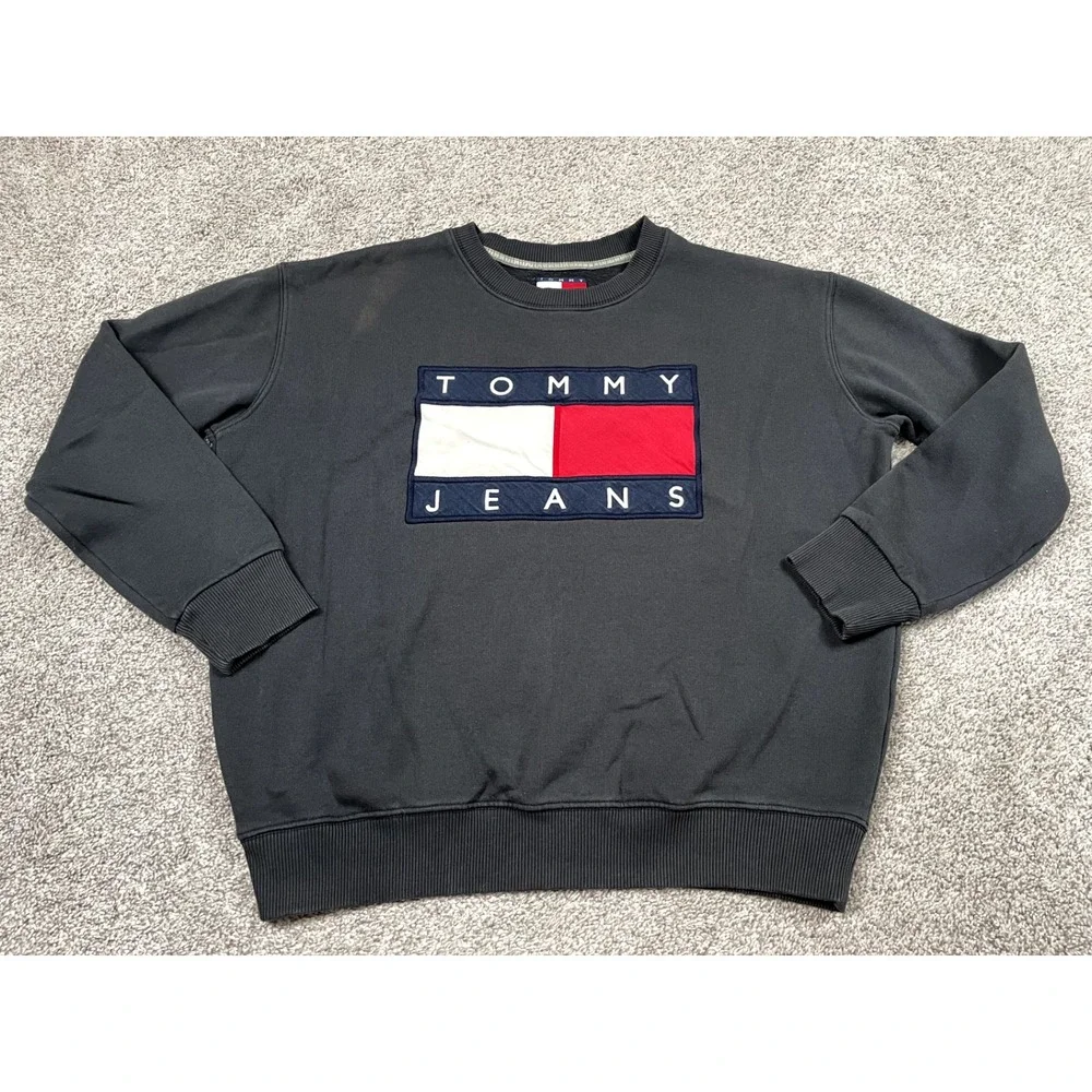 Vintage Tommy Jeans Sweater Womens Large Black Logo Crewneck Hilfiger Classic 90